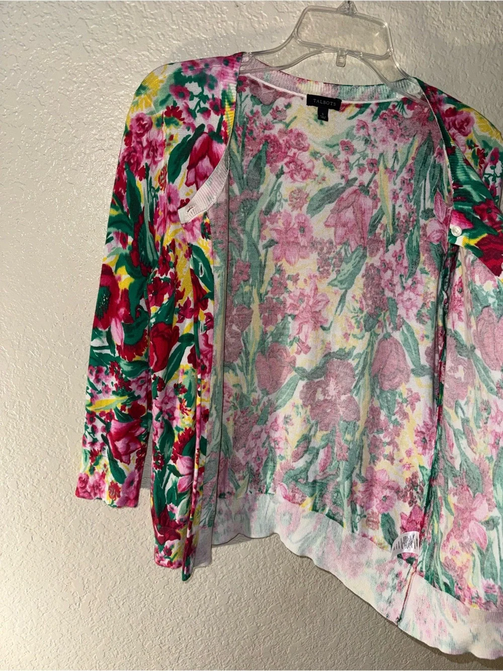 Talbots Small Floral Cardigan Pink Green Button Front Sweater